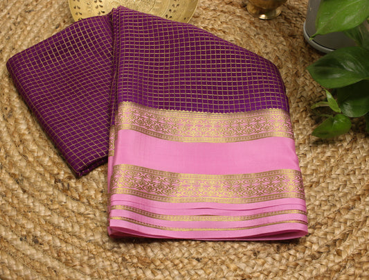 Royal Purple Mysore Silk Crepe Saree with baby Pink Zari Border | 140 GSM Pure Silk Elegance