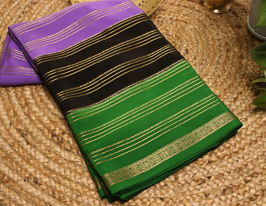 3D Lavender striped Mysore Silk Crepe Saree with Gold Zari Accents – Green, Black & Lavender