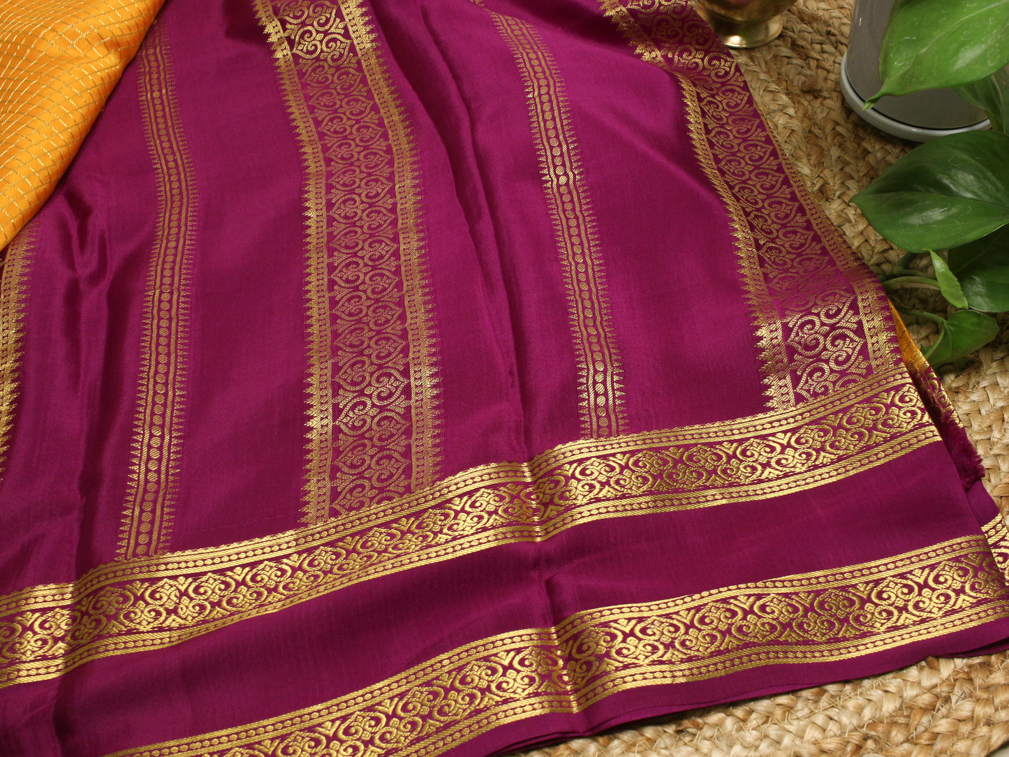Mysore Silk Crepe Saree - Golden Yellow with Magenta Border | 140 GSM Pure Elegance
