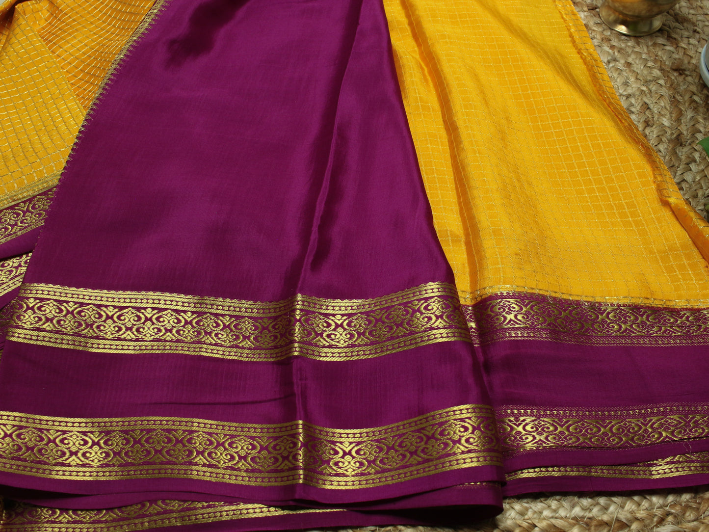 Mysore Silk Crepe Saree - Golden Yellow with Magenta Border | 140 GSM Pure Elegance