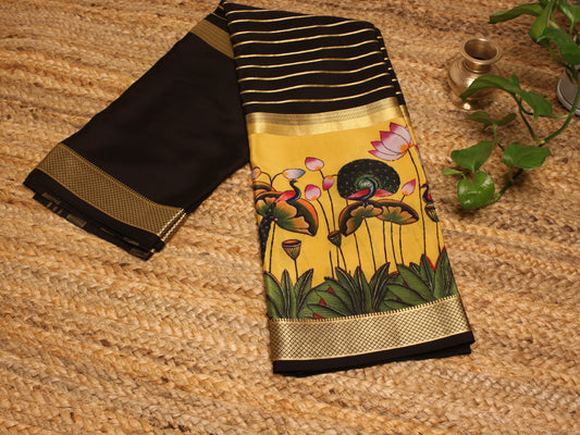 Black Mysore Silk Crepe Saree with printed Lotus & Peacock border.