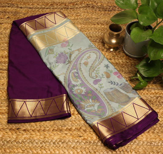 Half and half purple Semi Crepe Silk Saree with Pastel bottom & Gold Zari Chevron Border.