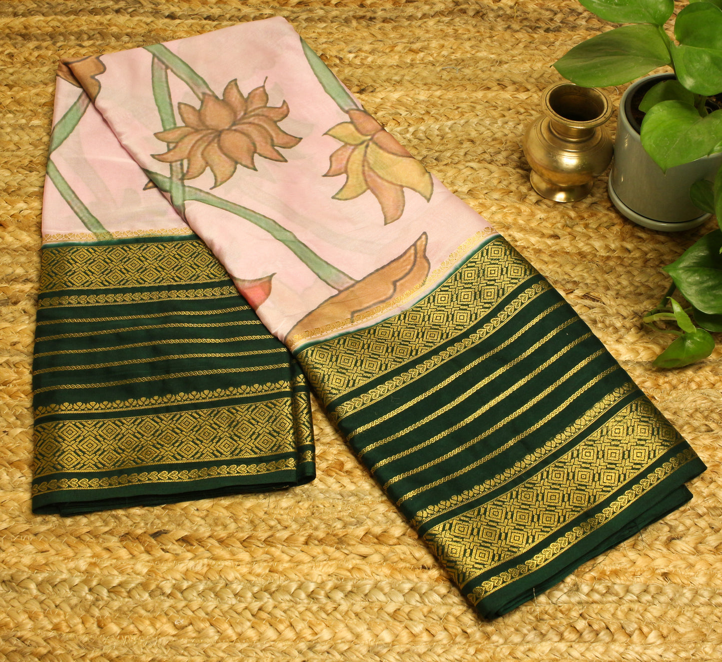 Elegant Semi Mysore Silk Crepe Saree – pastel Pink & green with Floral Motifs