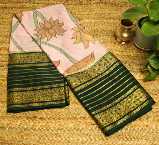 Elegant Semi Mysore Silk Crepe Saree – pastel Pink & green with Floral Motifs