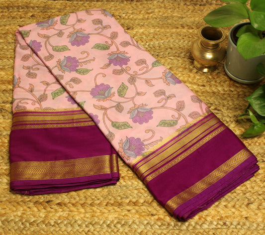 Elegant Semi Mysore Silk Crepe Saree – Pink & Purple with Floral Motifs