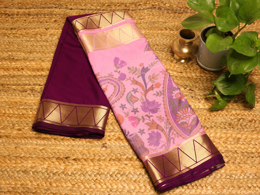 Half and half purple Semi Crepe Silk Saree with Pastel pink bottom & Gold Zari Chevron Border.