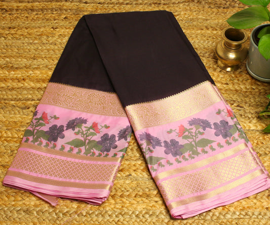 Elegant Semi Mysore Silk Crepe Saree – Black & Blush Pink with Floral Motifs