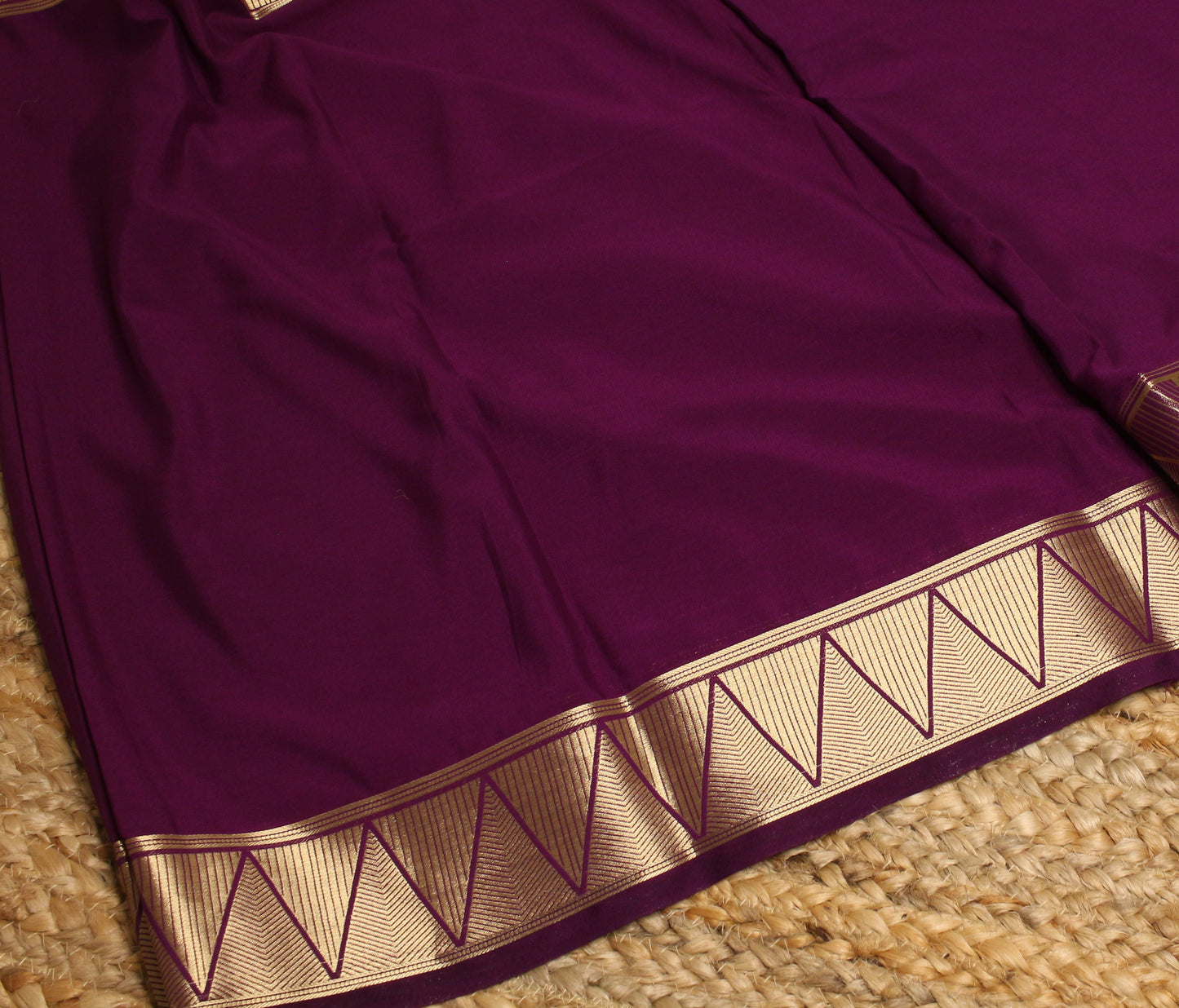 Half and half purple Semi Crepe Silk Saree with Pastel pink bottom & Gold Zari Chevron Border.