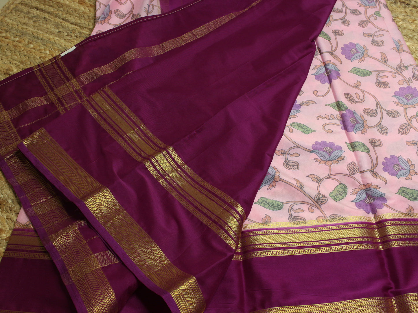 Elegant Semi Mysore Silk Crepe Saree – Pink & Purple with Floral Motifs