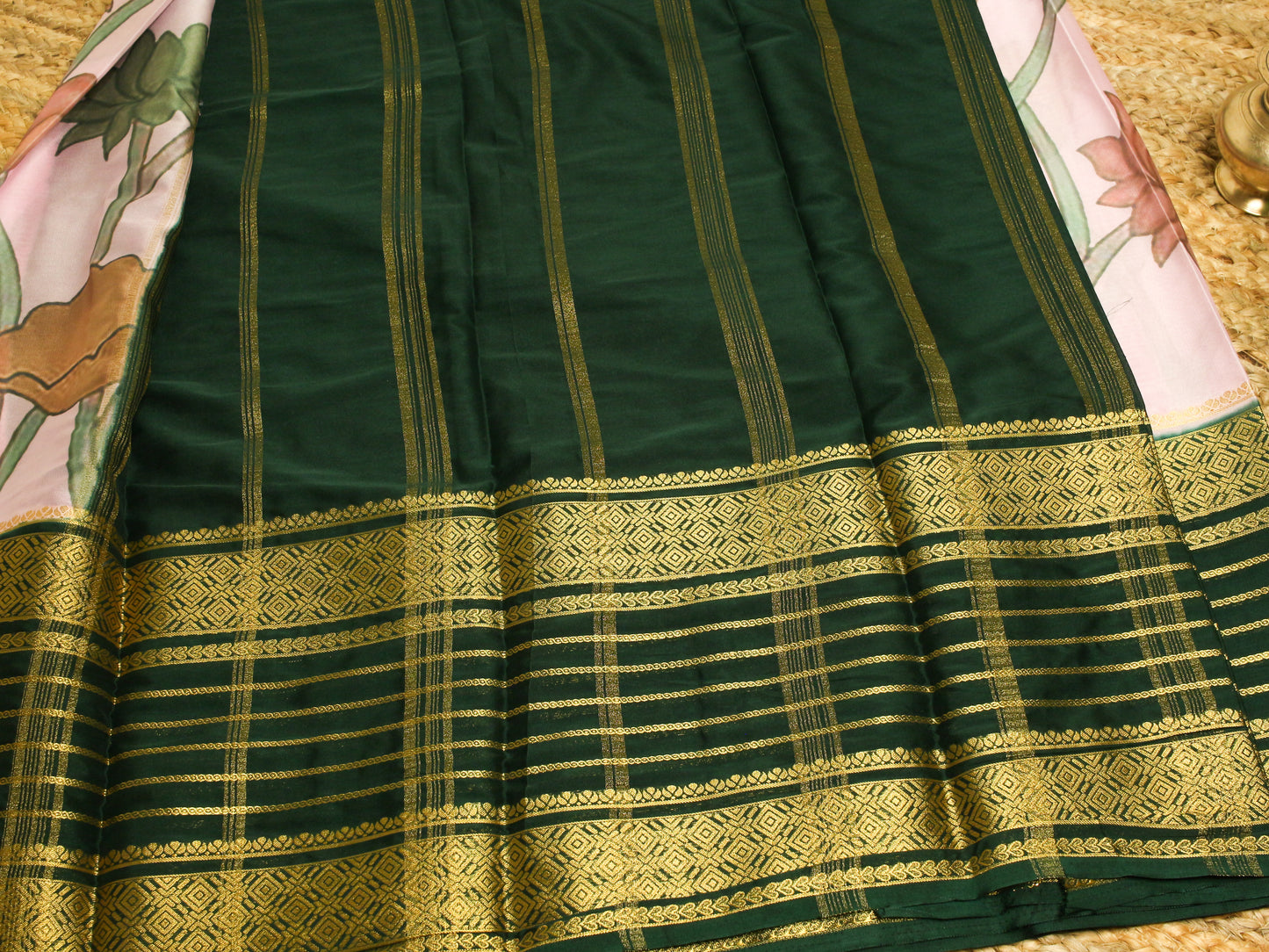 Elegant Semi Mysore Silk Crepe Saree – pastel Pink & green with Floral Motifs
