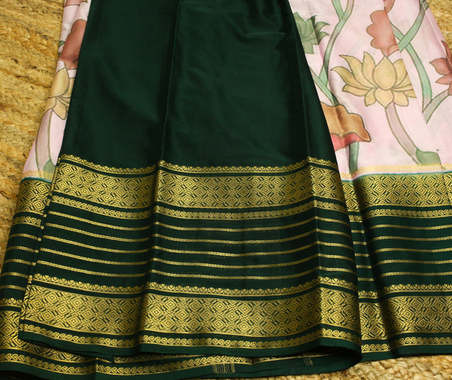 Elegant Semi Mysore Silk Crepe Saree – pastel Pink & green with Floral Motifs