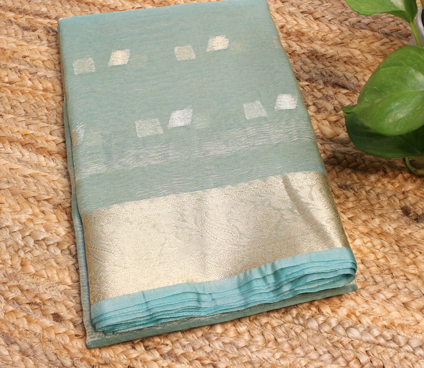 Powder Blue Crush Tissue Saree with Zari Border & Buti Accents