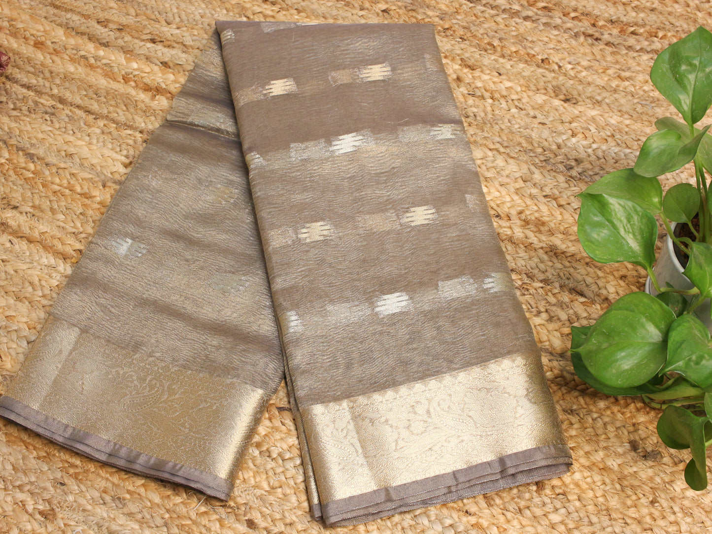 Grey Crush Tissue Saree with Zari Border & Buti Accents
