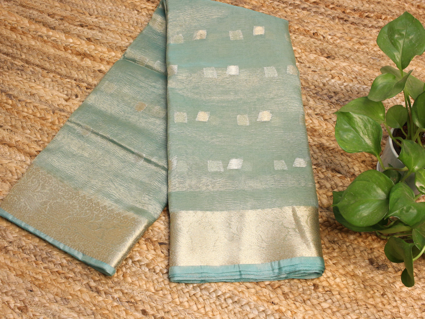 Powder Blue Crush Tissue Saree with Zari Border & Buti Accents