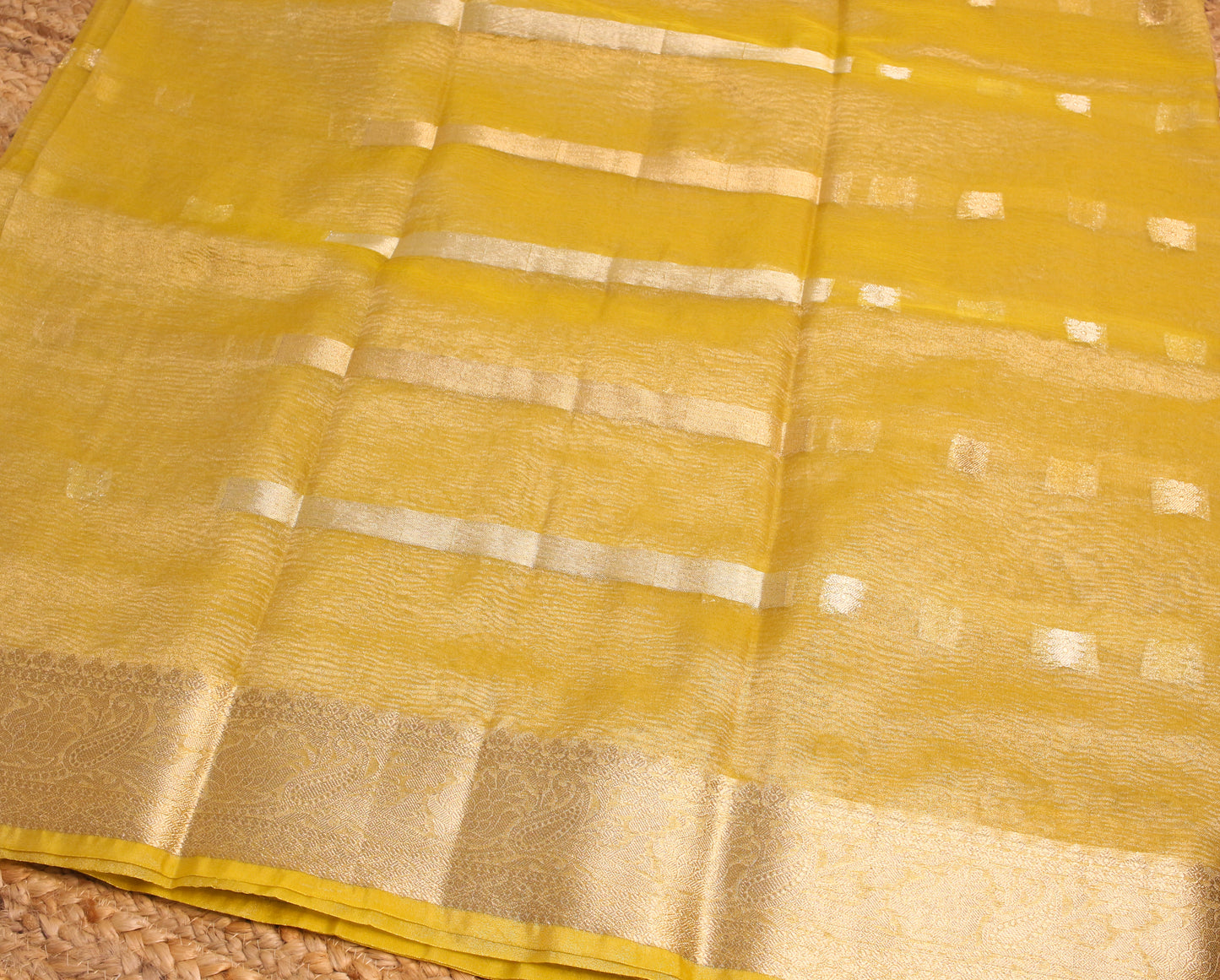 Yellow Crush Tissue Saree with Zari Border & Buti Accents