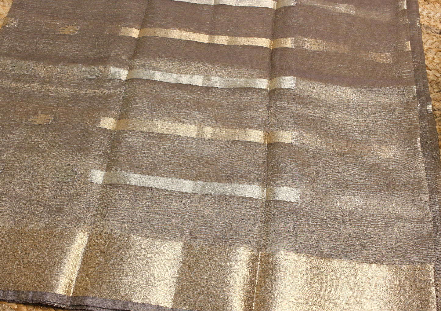 Grey Crush Tissue Saree with Zari Border & Buti Accents