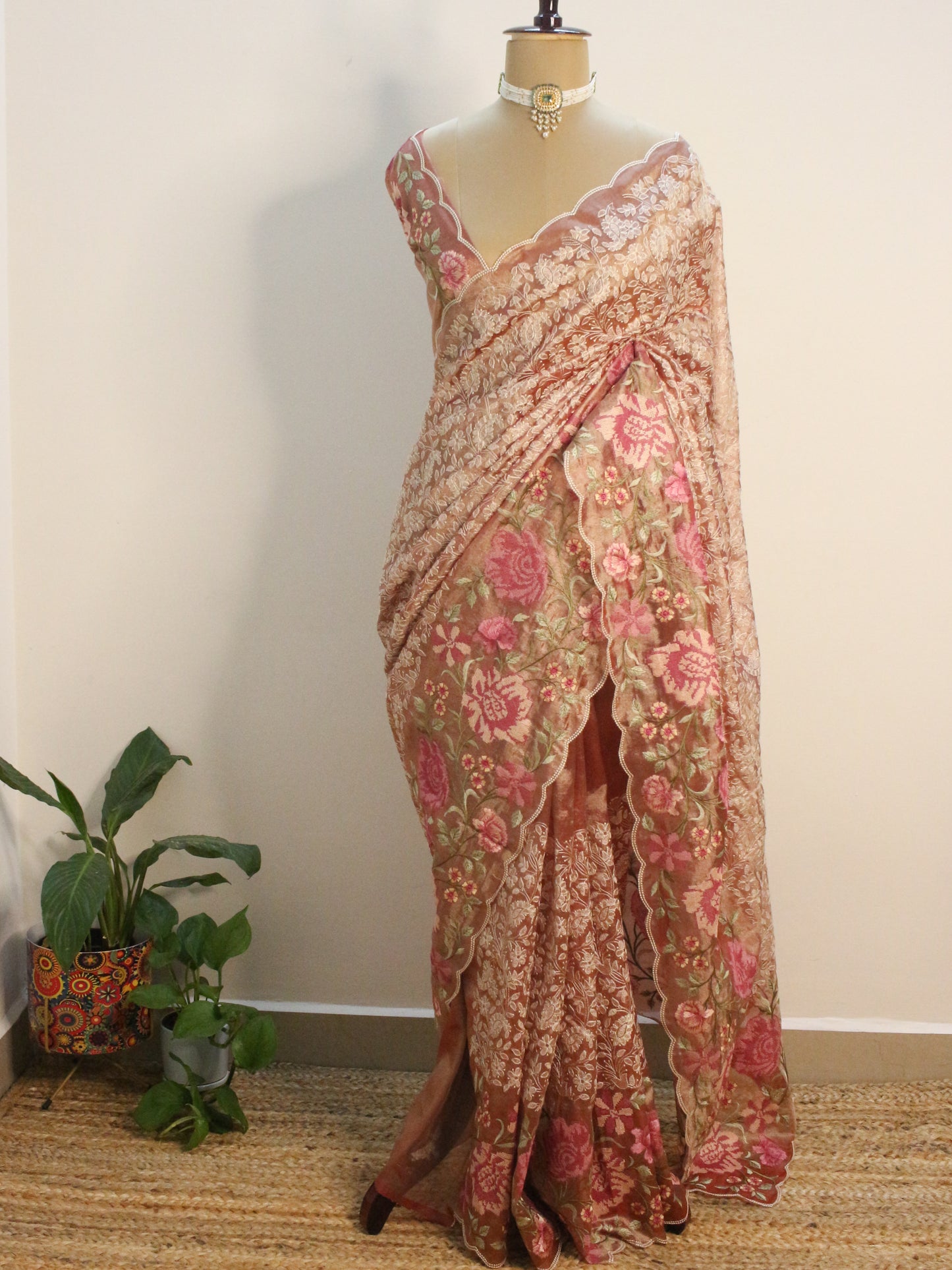 Elegant Tissue Organza Saree with All-Over Chikankari Embroidery - Redish Orange colour
