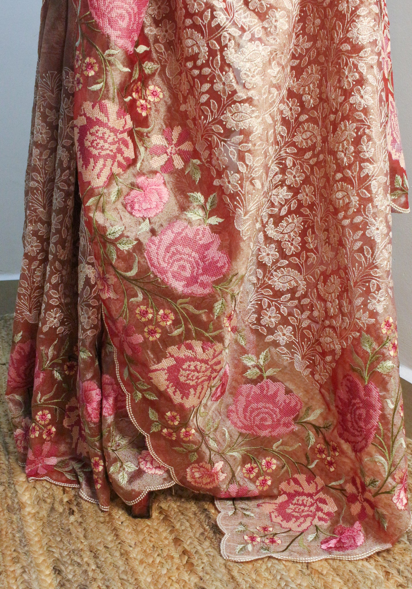 Elegant Tissue Organza Saree with All-Over Chikankari Embroidery - Redish Orange colour