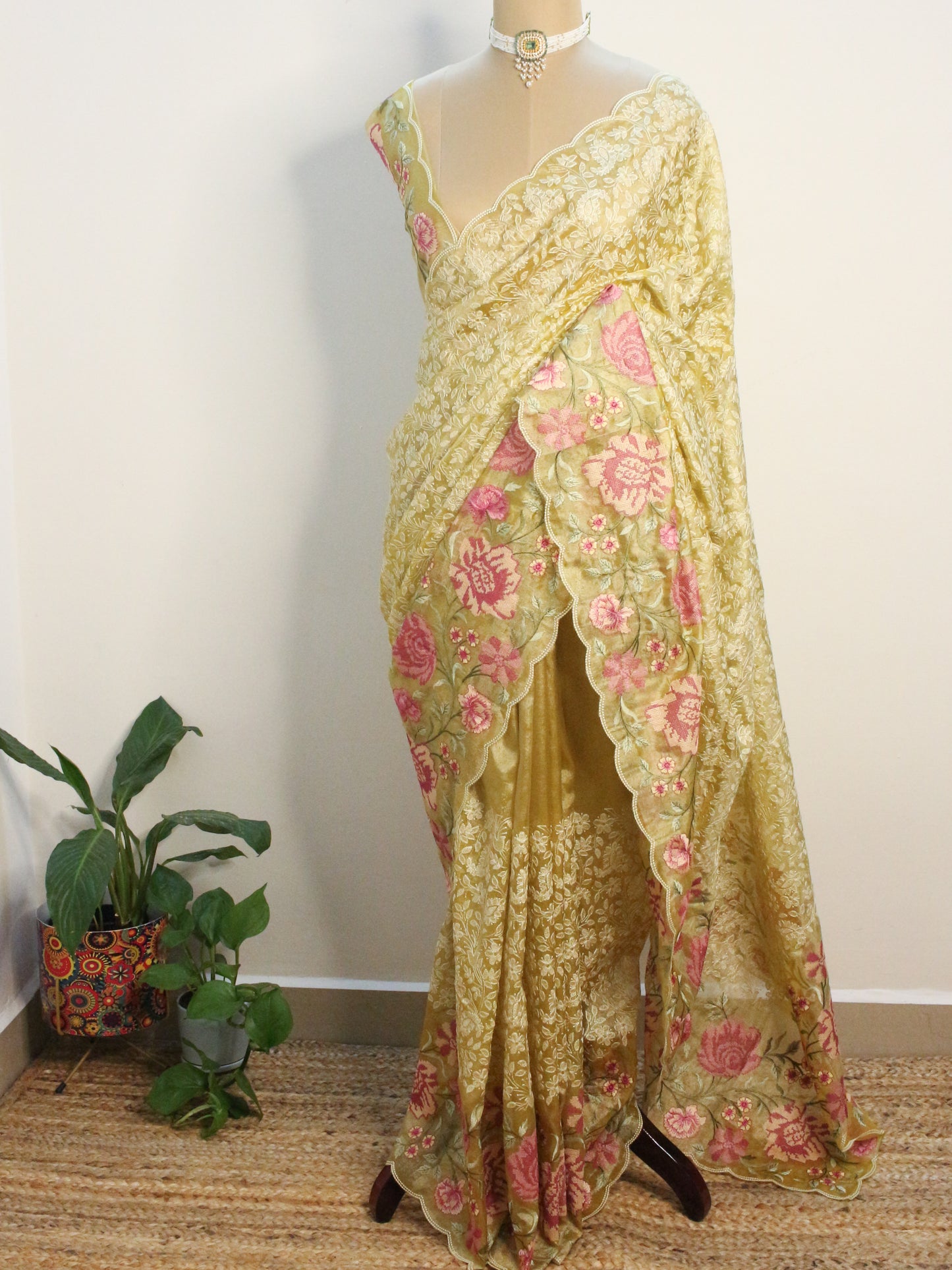 Elegant Tissue Organza Saree with All-Over Chikankari Embroidery - Yellow colour