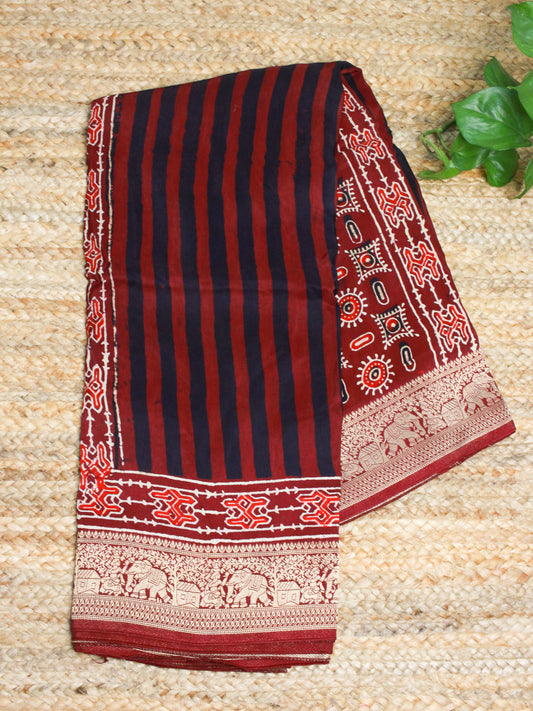 Elegant Maroon and Black stripes  hand Block Ajrakh Print pure Dola Silk Saree with Golden Elephant Border & Pallu