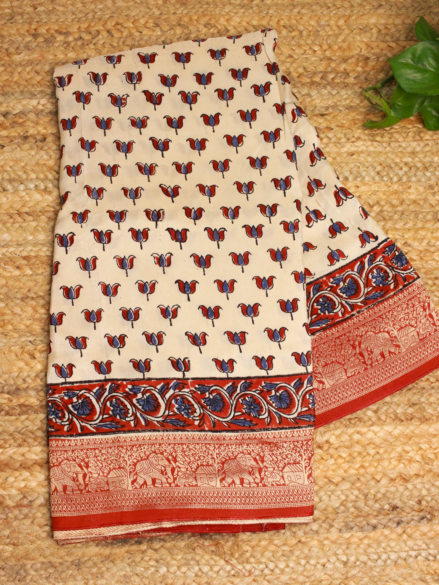 Beige Hand Block Print pure Dola Silk Saree with brick red-Golden Elephant Zari Border
