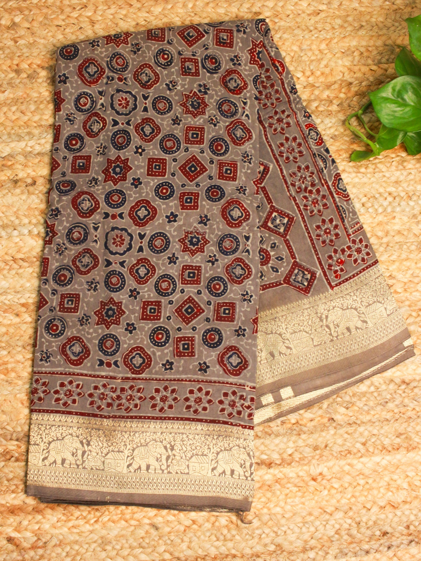 Elegant Pure Dola Silk Saree with Hand Block Ajrakh Print – GreyTones & Timeless Design