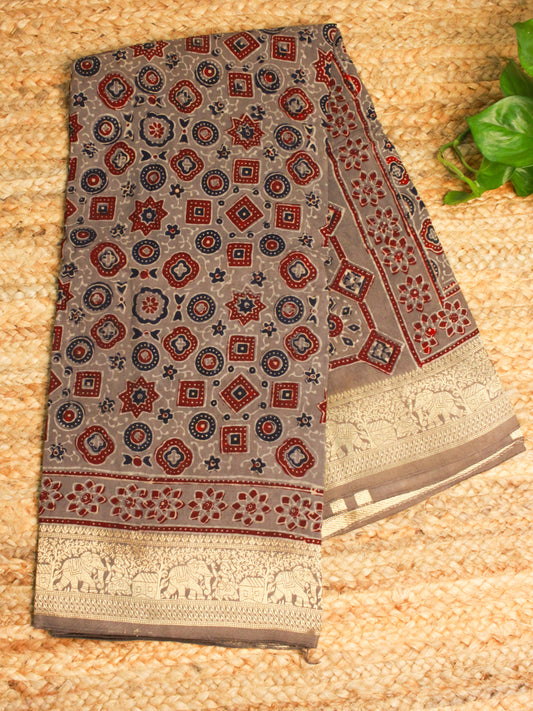 Elegant Pure Dola Silk Saree with Hand Block Ajrakh Print – GreyTones & Timeless Design