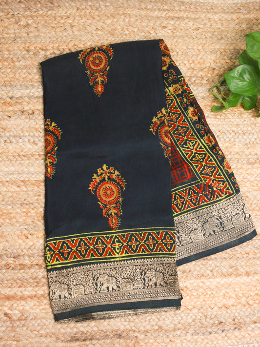 Elegant Bottle Green Pure Dola Silk Saree with Hand Block Ajrakh Prints & Zari Elephant Border