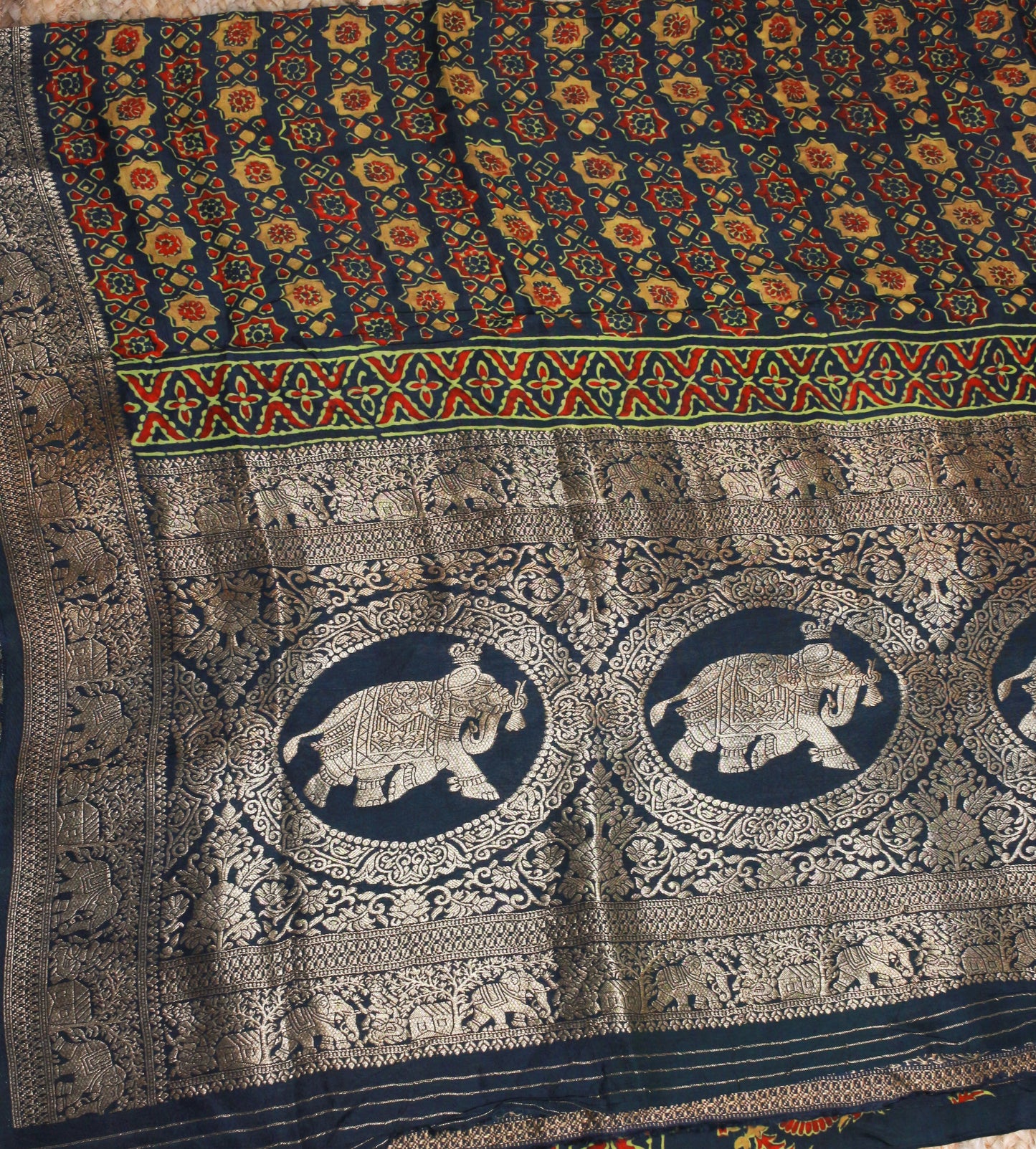 Elegant Bottle Green Pure Dola Silk Saree with Hand Block Ajrakh Prints & Zari Elephant Border