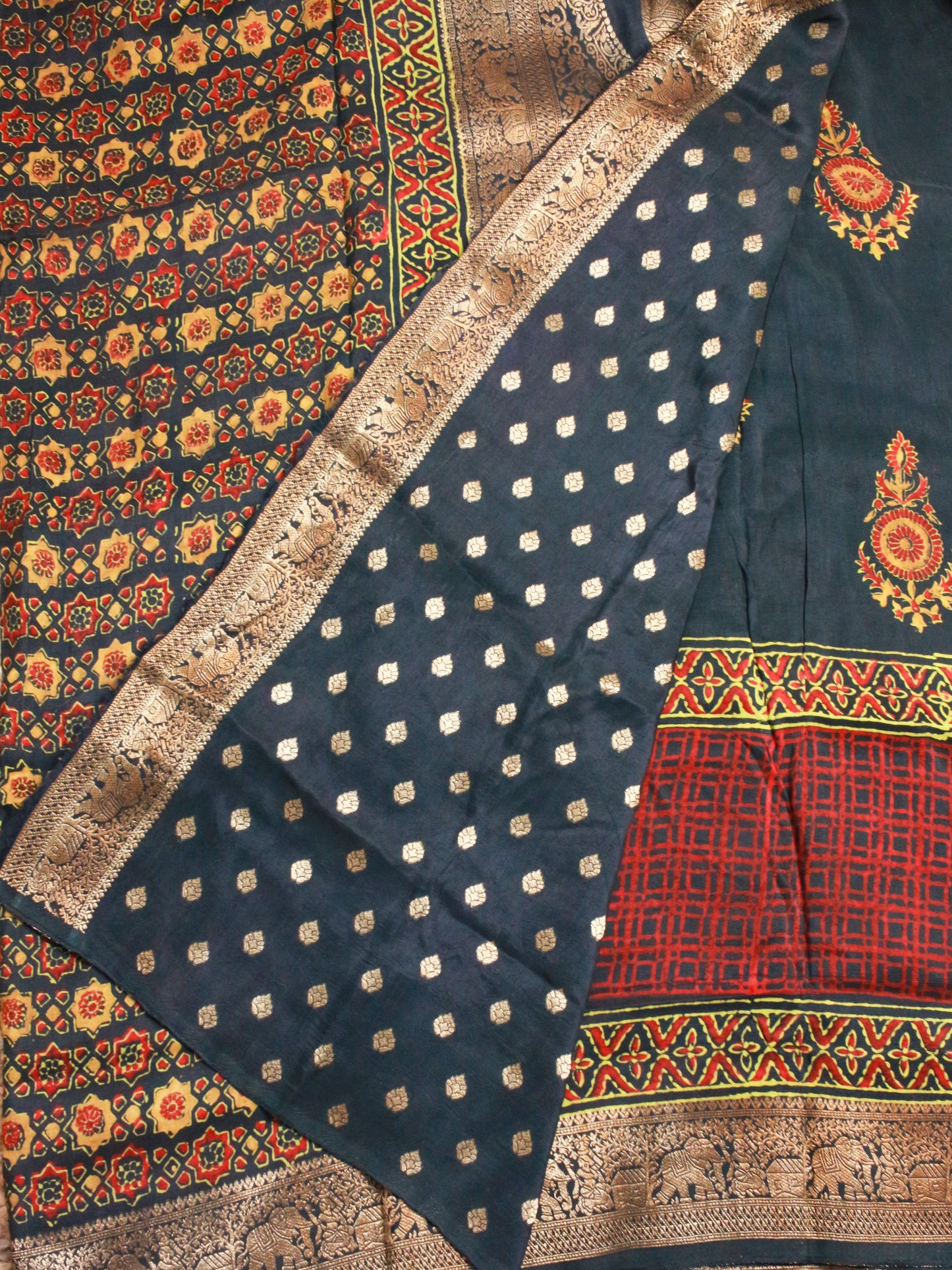 Elegant Bottle Green Pure Dola Silk Saree with Hand Block Ajrakh Prints & Zari Elephant Border