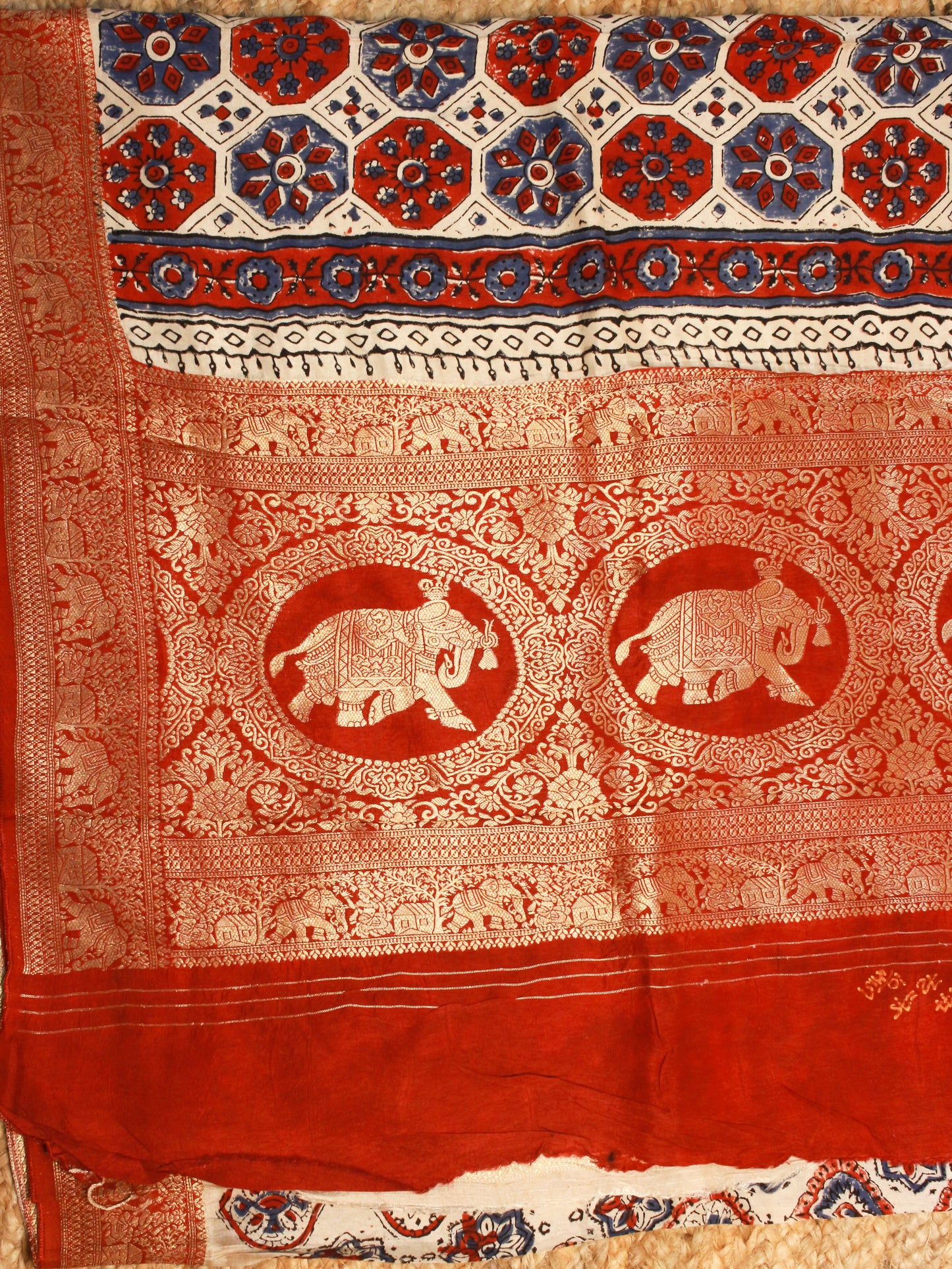 Beige Hand Block Print pure Dola Silk Saree with brick red traditional flower motifs-Golden Elephant Zari Border