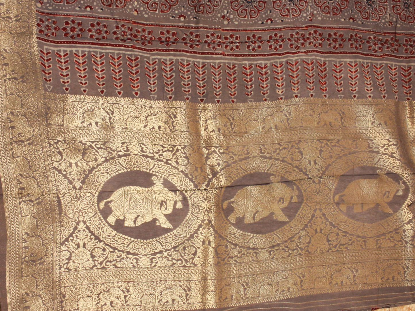 Elegant Pure Dola Silk Saree with Hand Block Ajrakh Print – GreyTones & Timeless Design