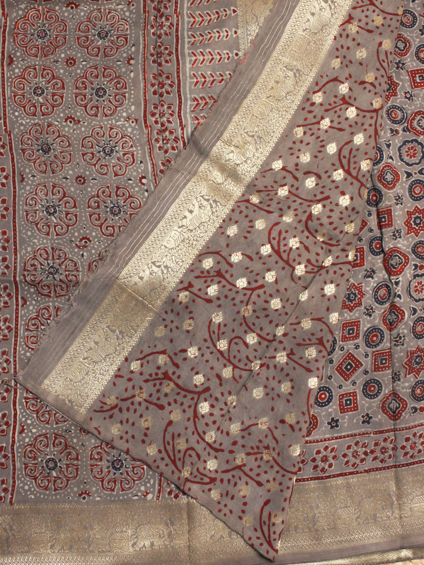 Elegant Pure Dola Silk Saree with Hand Block Ajrakh Print – GreyTones & Timeless Design