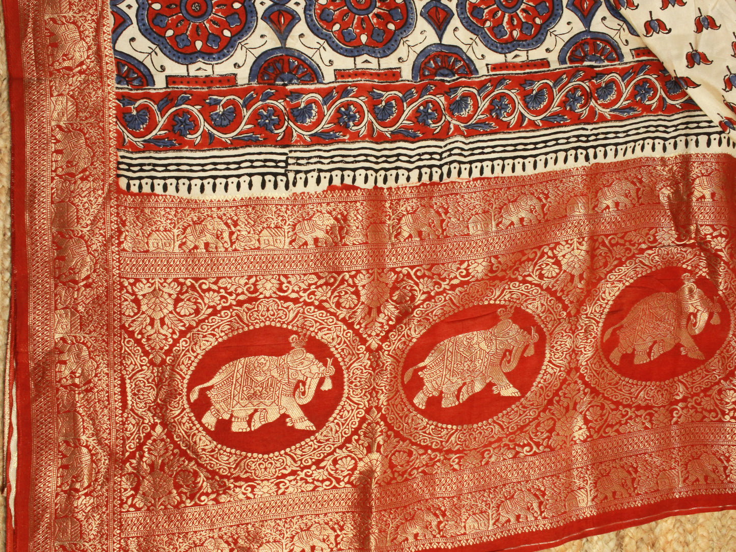 Beige Hand Block Print pure Dola Silk Saree with brick red-Golden Elephant Zari Border