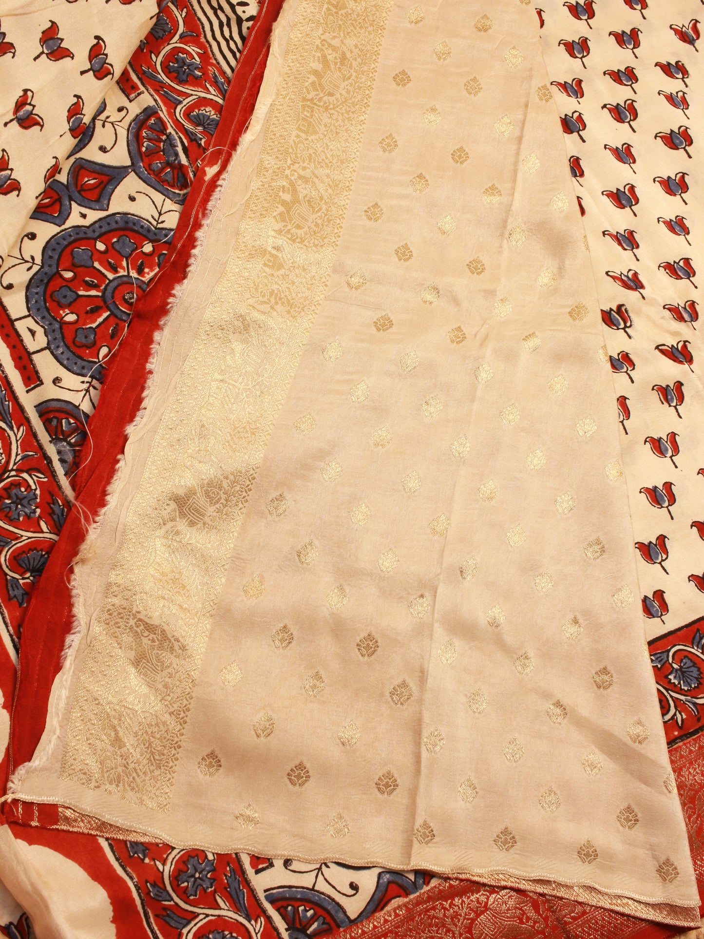 Beige Hand Block Print pure Dola Silk Saree with brick red-Golden Elephant Zari Border
