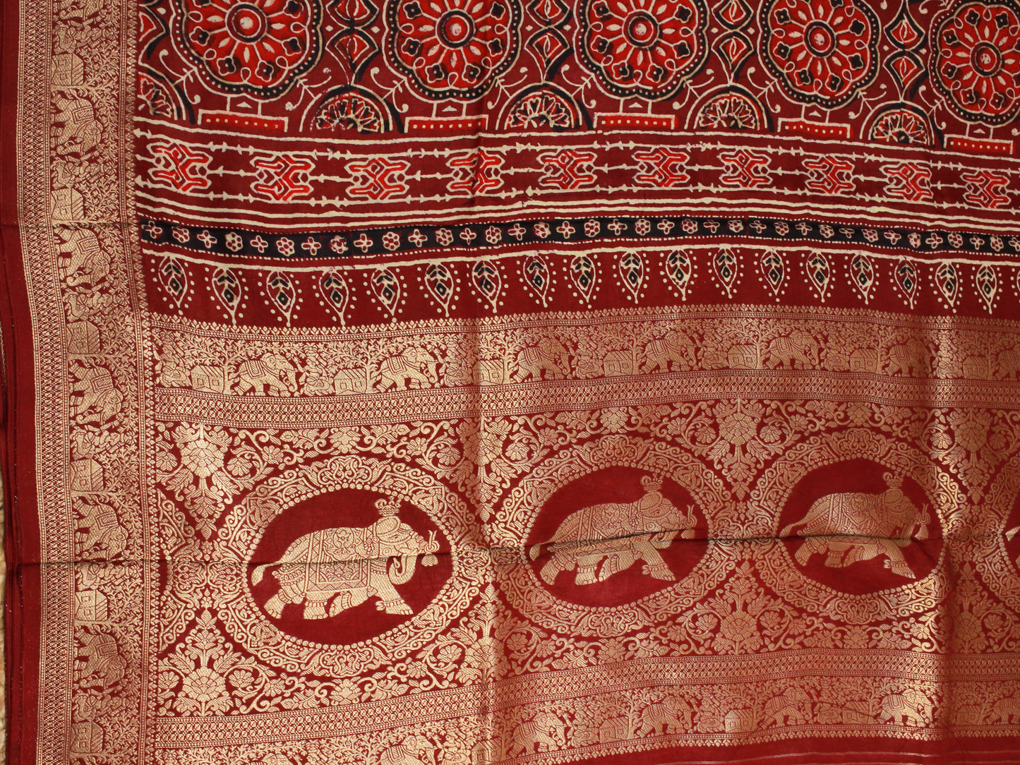 Elegant Maroon and Black stripes  hand Block Ajrakh Print pure Dola Silk Saree with Golden Elephant Border & Pallu