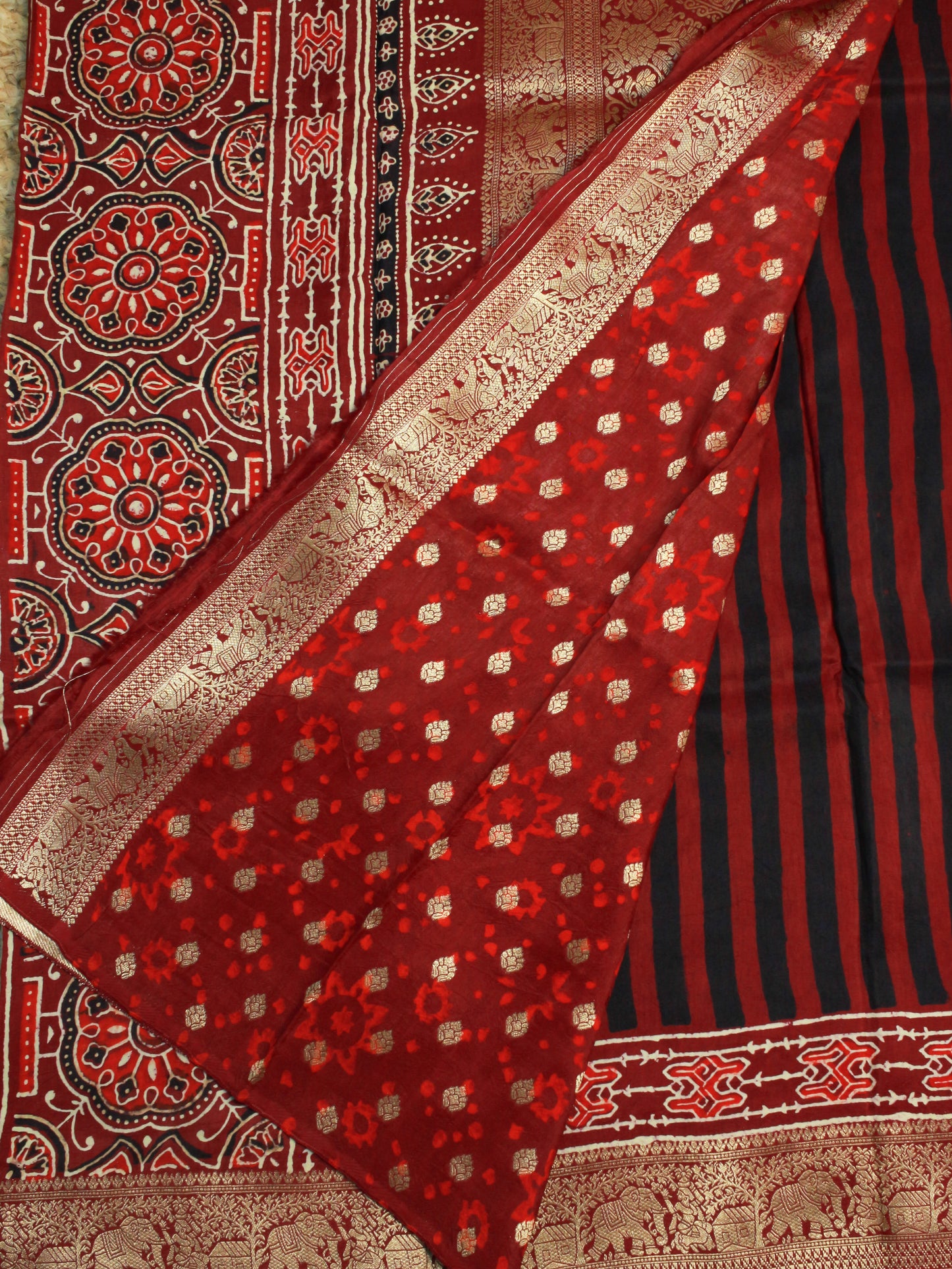 Elegant Maroon and Black stripes  hand Block Ajrakh Print pure Dola Silk Saree with Golden Elephant Border & Pallu