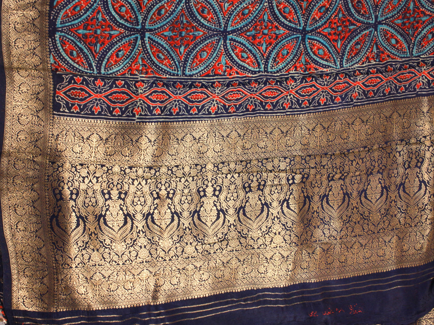 Royal Navy Blue Pure Dola Silk Saree with Traditional Ajrakh Hand Block Print & Zari Border