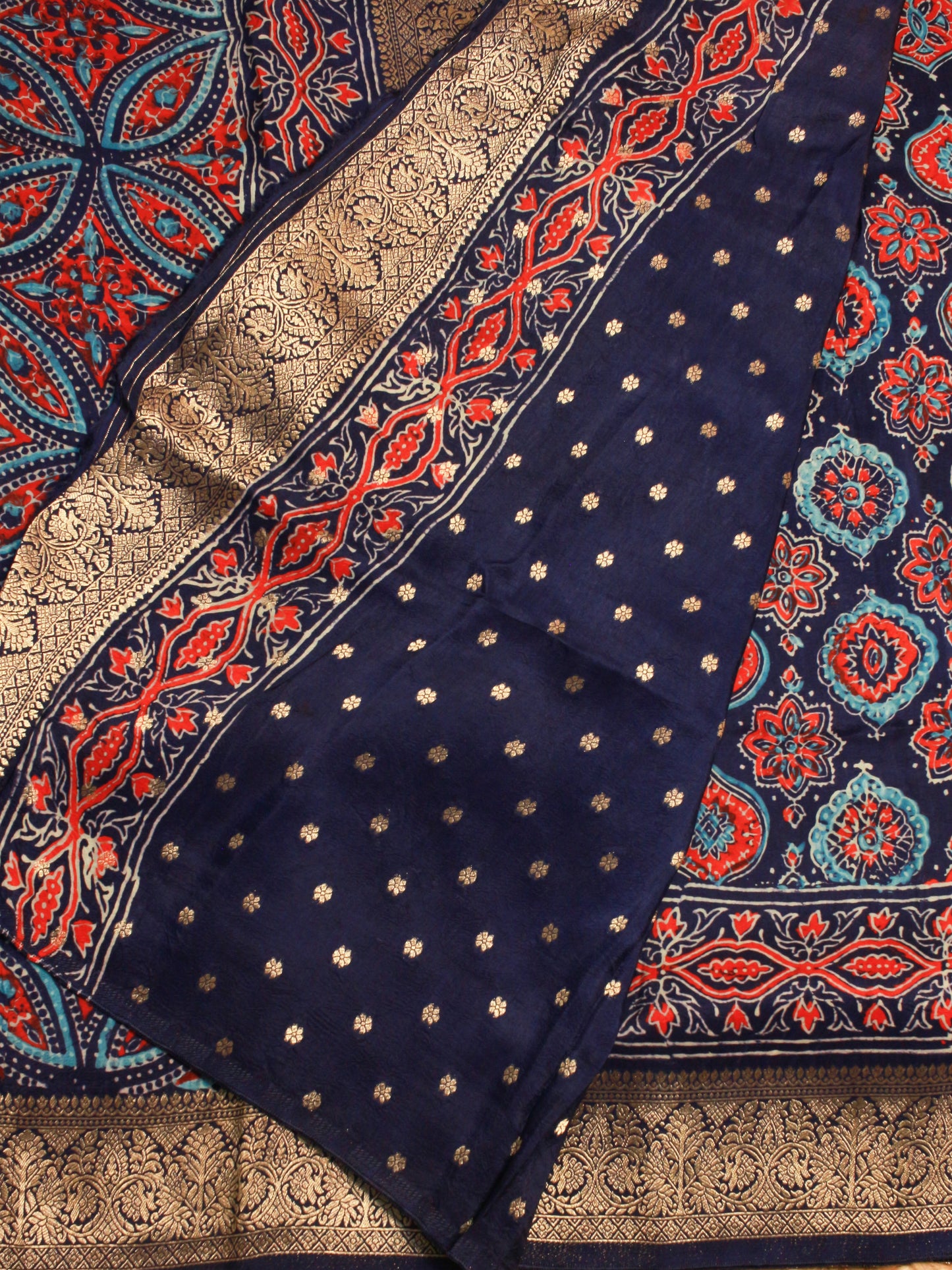 Royal Navy Blue Pure Dola Silk Saree with Traditional Ajrakh Hand Block Print & Zari Border