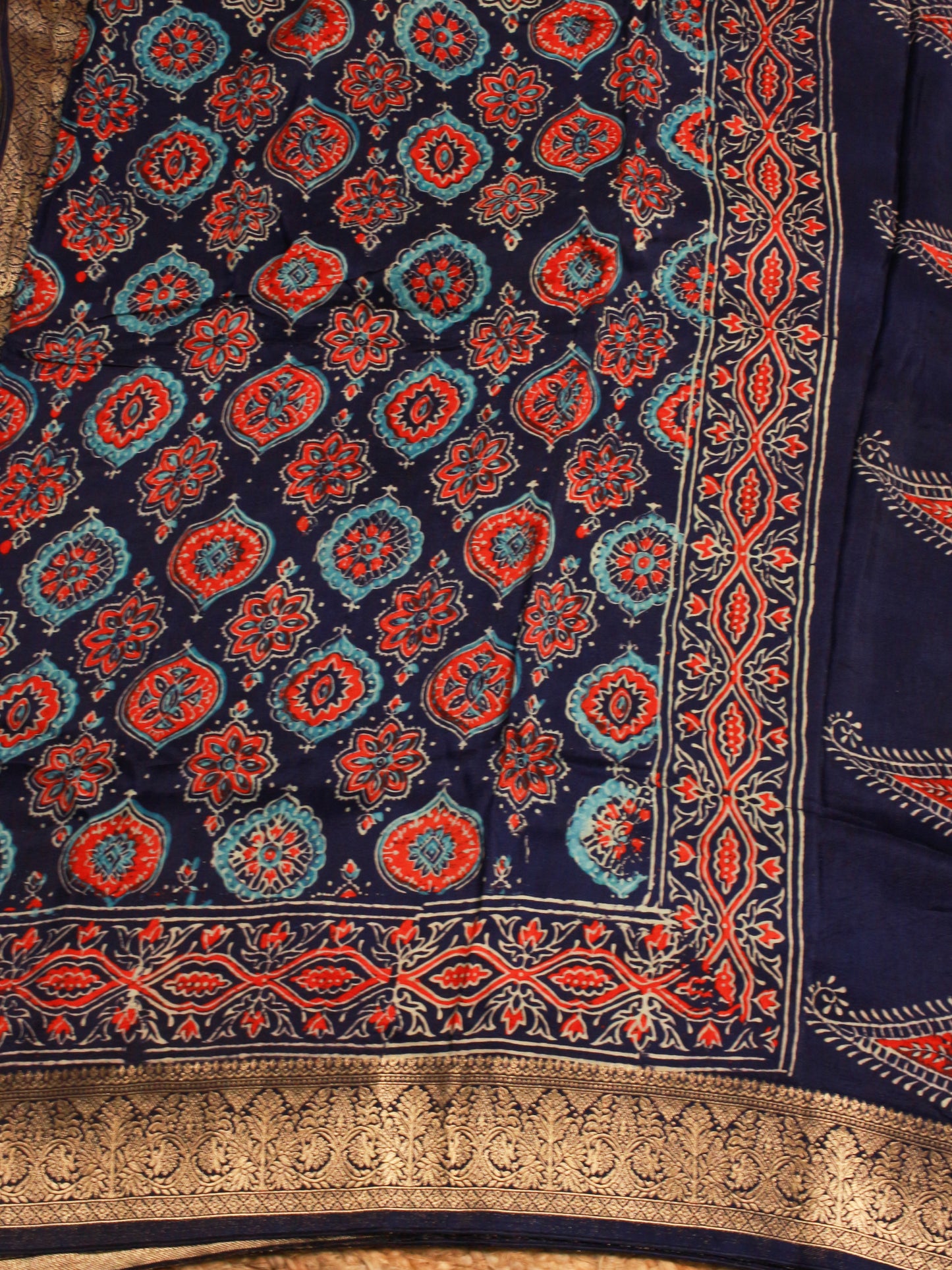 Royal Navy Blue Pure Dola Silk Saree with Traditional Ajrakh Hand Block Print & Zari Border