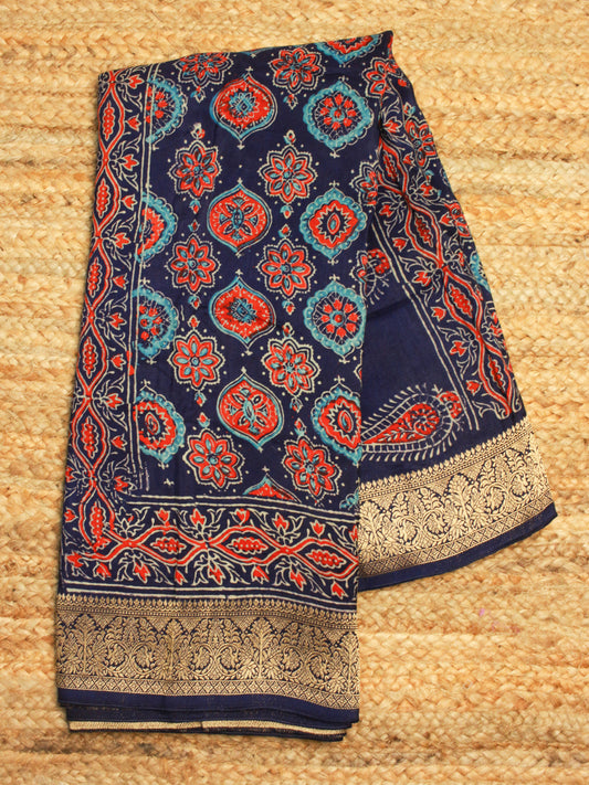 Royal Navy Blue Pure Dola Silk Saree with Traditional Ajrakh Hand Block Print & Zari Border