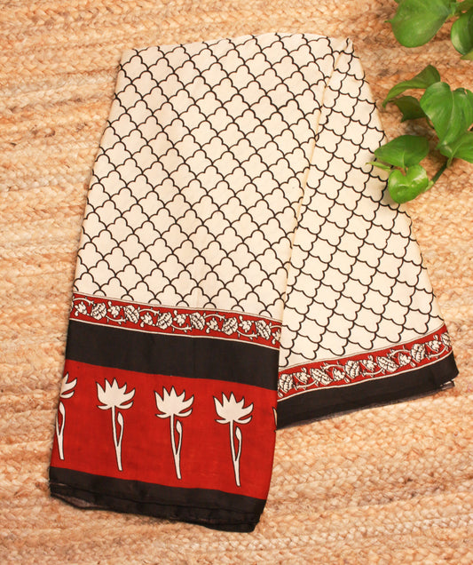 Pure modal silk saree with Handblock Ajrakh Print | Elegant Marron, Ivory & Black