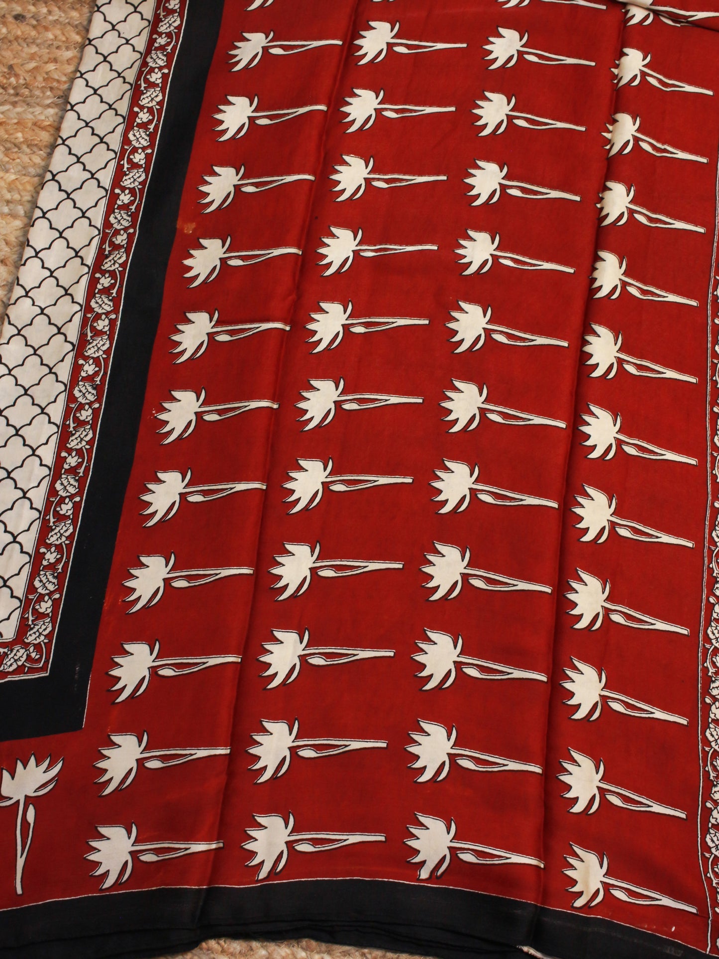 Pure modal silk saree with Handblock Ajrakh Print | Elegant Marron, Ivory & Black