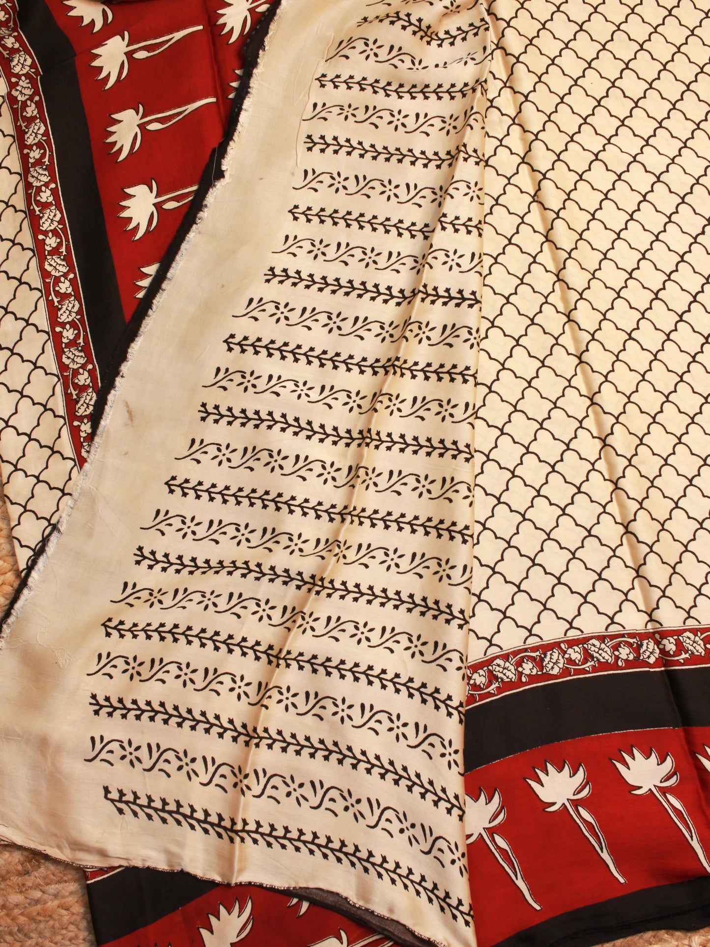 Pure modal silk saree with Handblock Ajrakh Print | Elegant Marron, Ivory & Black