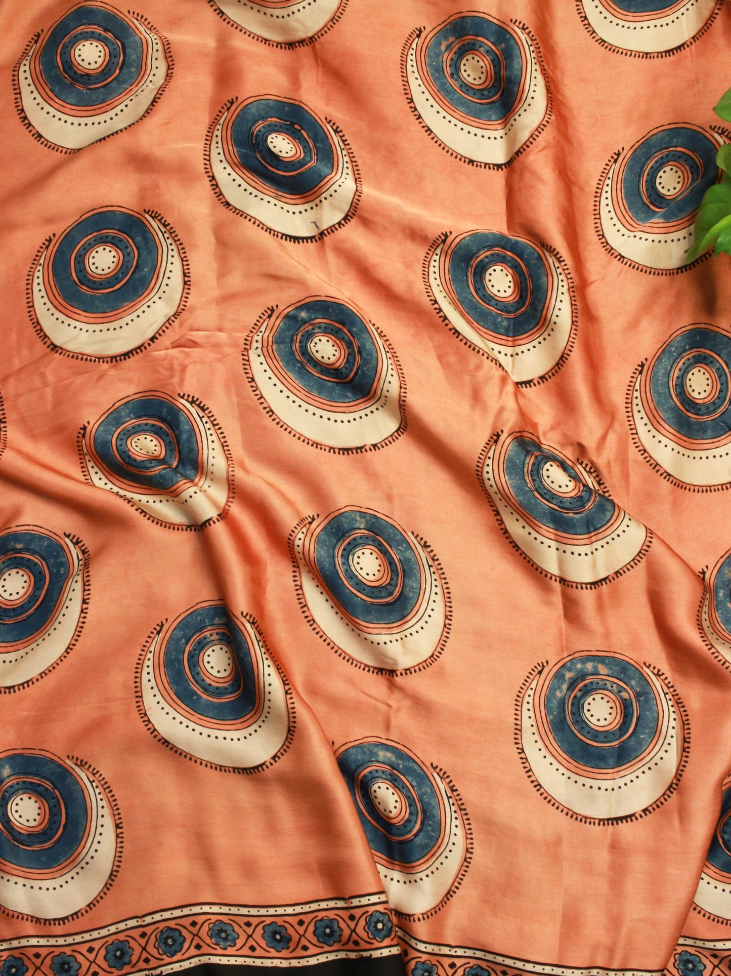 Blush Peach Pure Modal Silk Saree with Indigo Ajrakh Print & Zari Pallu