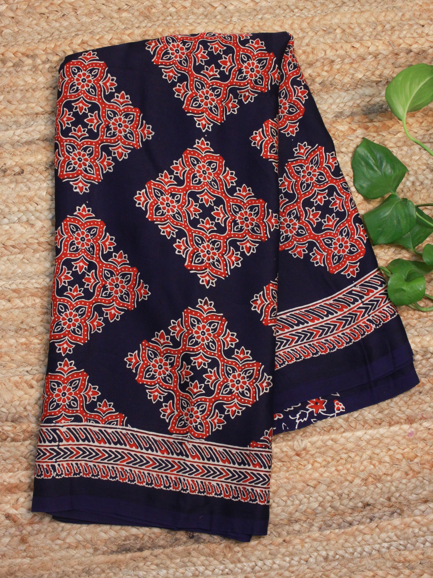 Navy Blue Pure Modal Silk Saree with Red Ajrakh Print & Zari Pallu