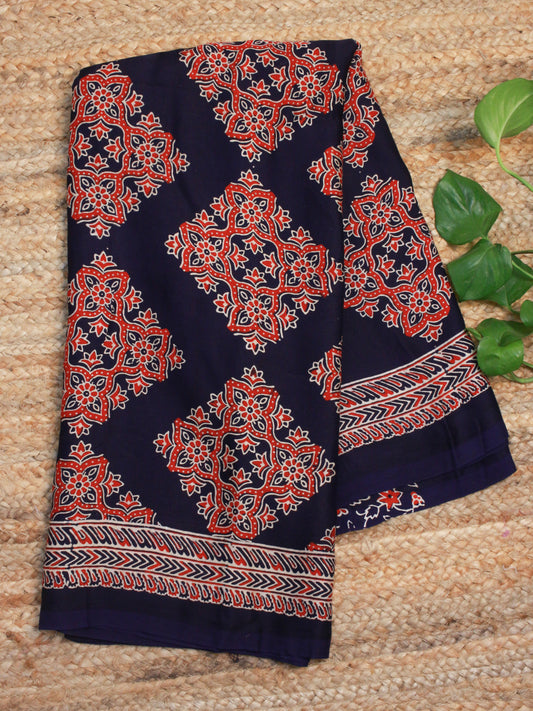 Navy Blue Pure Modal Silk Saree with Red Ajrakh Print & Zari Pallu