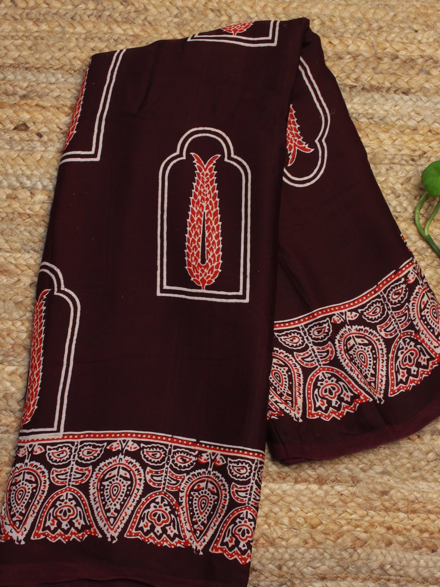 Deep Maroon Pure Modal Silk Saree with Ajrakh Print & Zari Pallu