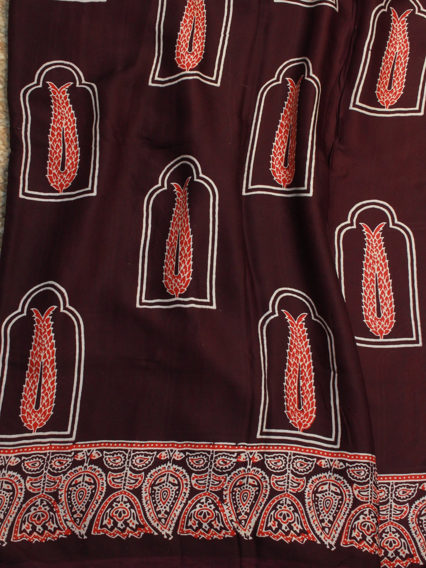 Deep Maroon Pure Modal Silk Saree with Ajrakh Print & Zari Pallu