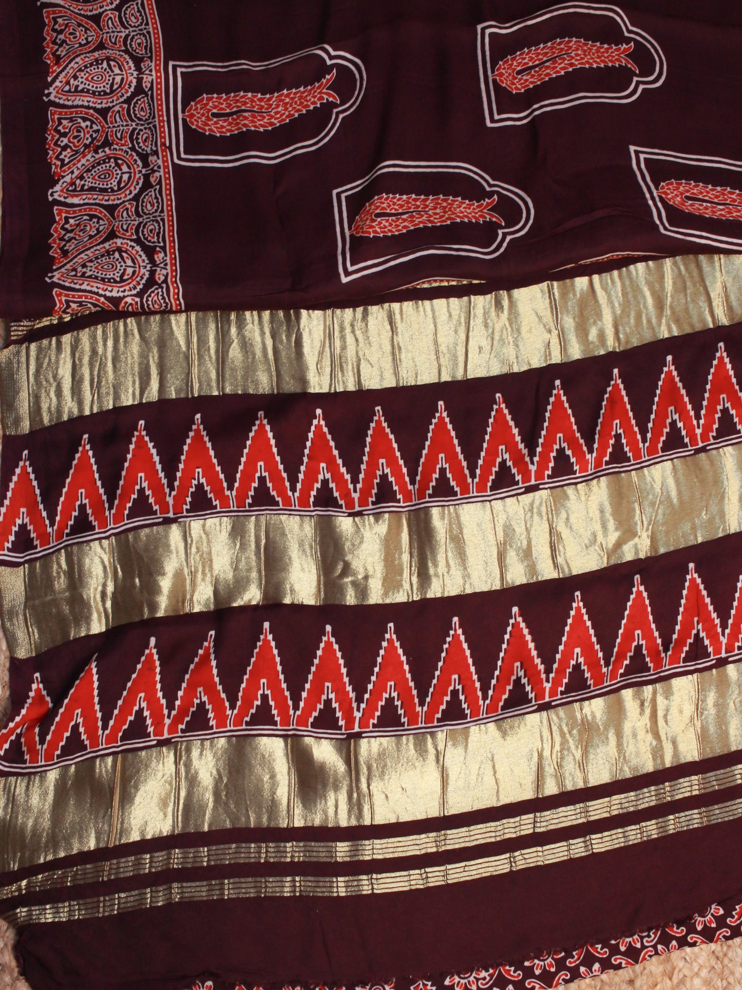 Deep Maroon Pure Modal Silk Saree with Ajrakh Print & Zari Pallu